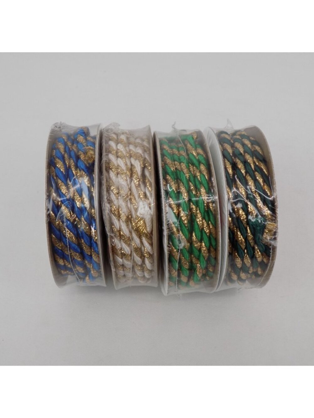 Lot of 4 Vintage Petite Metallic Cord Trim 6 ft ea Blue White Forest Green Gold